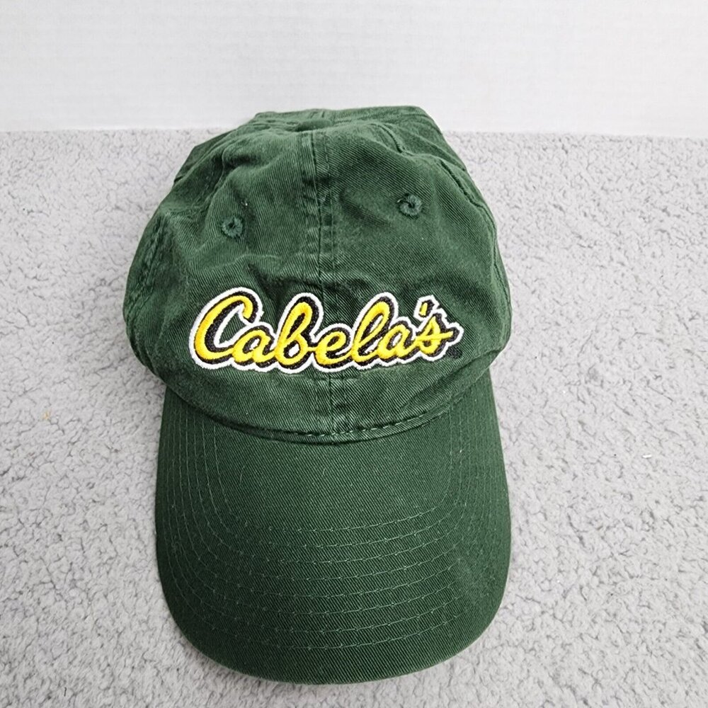 Cabelas Baseball Cap Green Adjustable Hat Embroidered Yellow Logo Strap back